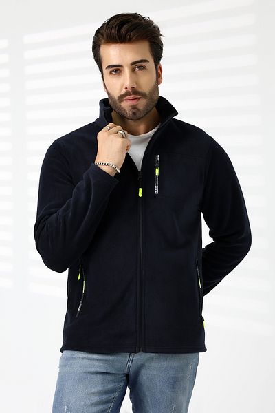 TİJA Men's Navy Blue Fleece Cardigan - Anti Pilling Non-Pilling Jacket with Zipper and Pocket