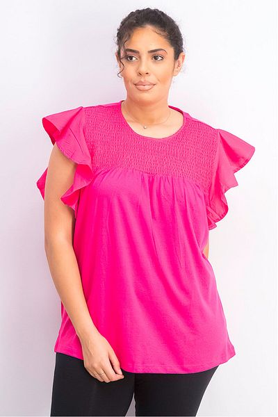 Tchibo Women Crew Neck Solid Flutter Sleeve Top, Pink