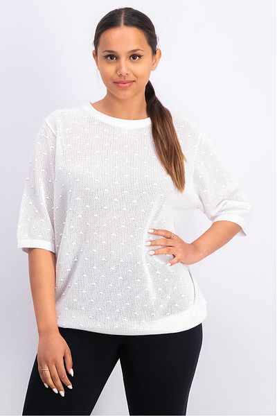 Tchibo Women Round Neck Elbow Sleeves Textured Mesh Top, White