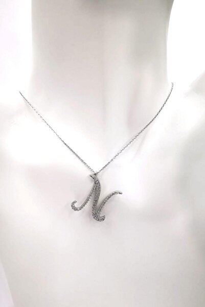 Omar Silver Kadın Büyük Boy N Harf Kolye Zirkon Taşlı Gümüş Harfli Kolye