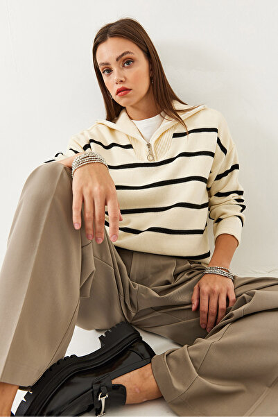 Bianco Lucci Dámský rolák se zipem s pruhovaným úpletovým svetrem 85001003