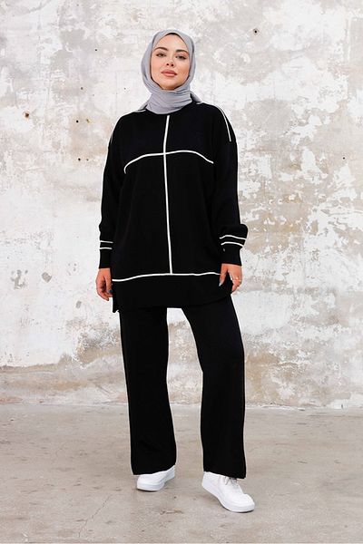 Bestenur Black Nurel Knitwear Tunic and Trousers Set - 1238