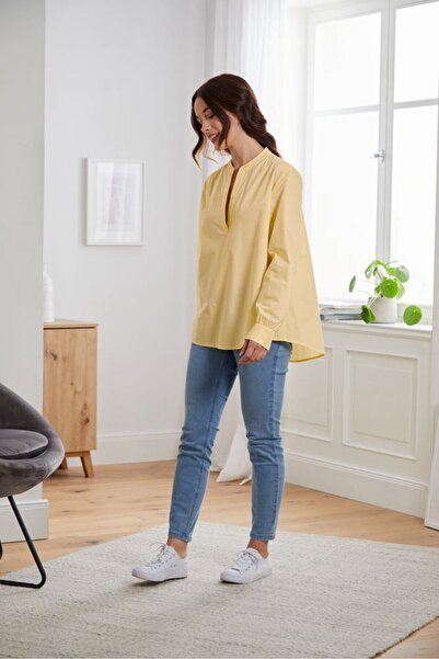 Tchibo Women Split Neckline Long Sleeve Plain Top, Yellow
