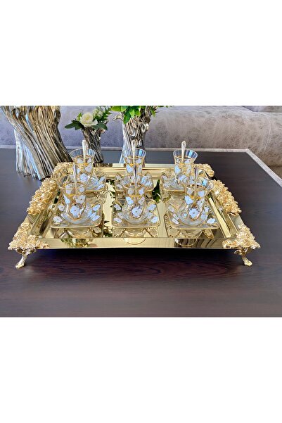 atabey home collection صينية تقديم الشاي الذهبية الفاخرة الكبيرة المكونة من 6...