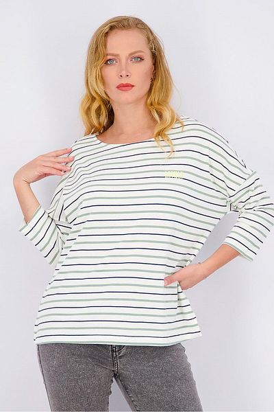 Tchibo Women Crew Neck Stripe Long Sleeve Top, White Combo