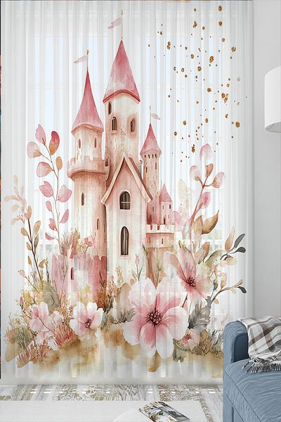 Else Dekor Pink Princess Castle Patterned Girl's Room Tulle Curtain 140X260Cm