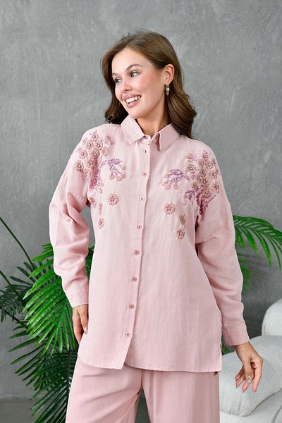 MVStore Floral Patterned Embroidered Linen Oversize Women's Shirt and Pants Set
