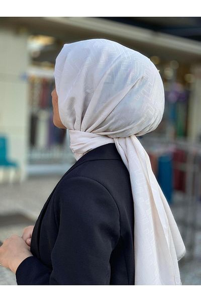 Baştacı Beige Jacquard Cotton Shawl - F Logo Design