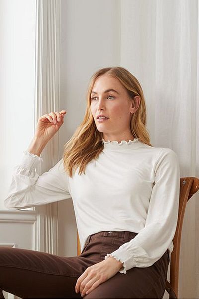 Tchibo Women Ruffle Collar Long Sleeves Plain Blouse, White