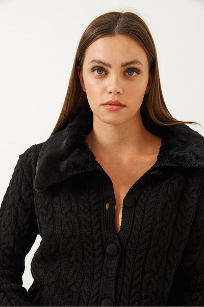 Bianco Lucci Women's Furry Knitwear Cardigan with Braided Hair Collar