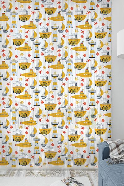Else Dekor Yellow Undersea Sailor Ship Patterned Boy's Room Tulle Curtain 140X260Cm