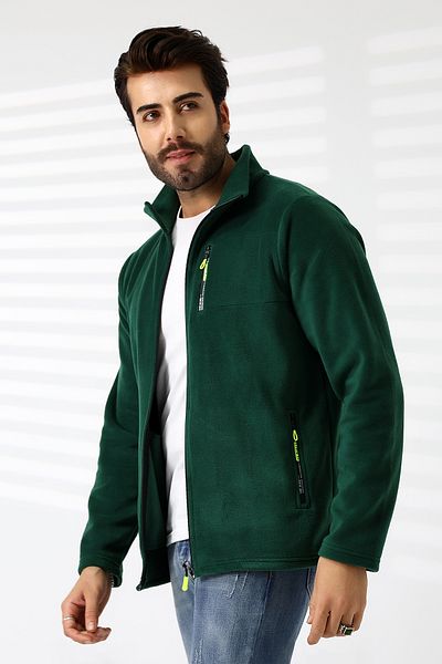 TİJA Green Men's Fleece Cardigan - Anti Pilling Non-Pilling Jacket with Zipper and Pocket