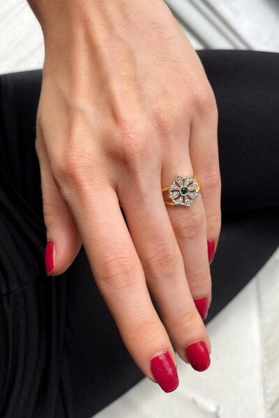 Spossy Silver Jewelry 925 Ayar Gümüş, 14 Ayar Gold, Yeşil Taşlı Tasarım Eklem...