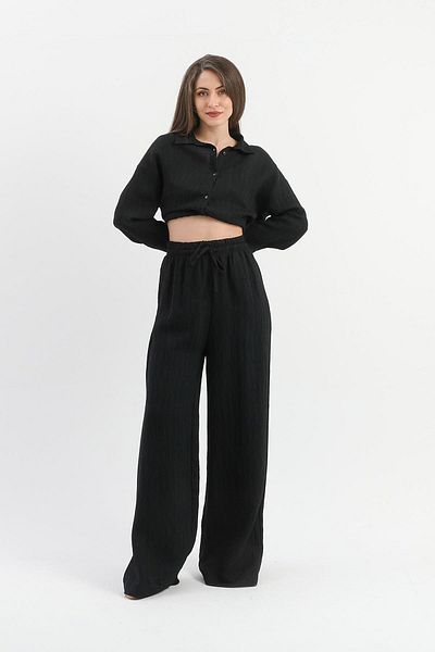 VAPUR TEKSTİL Black High Waist Pocket Crinkle Trousers