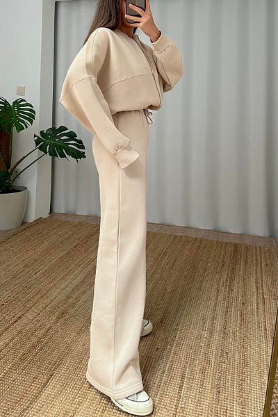 Neşeli Butik Σετ γυναικεία αθλητική φόρμα μπεζ - GTS018 με τρεις κλωστές