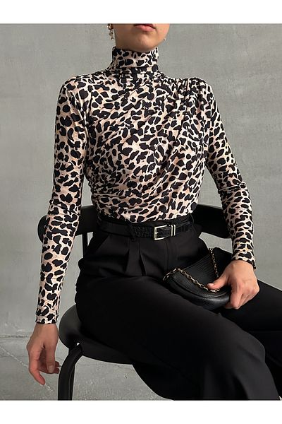 BEJNA Damenbluse mit Kordelzug und Leopardenmuster