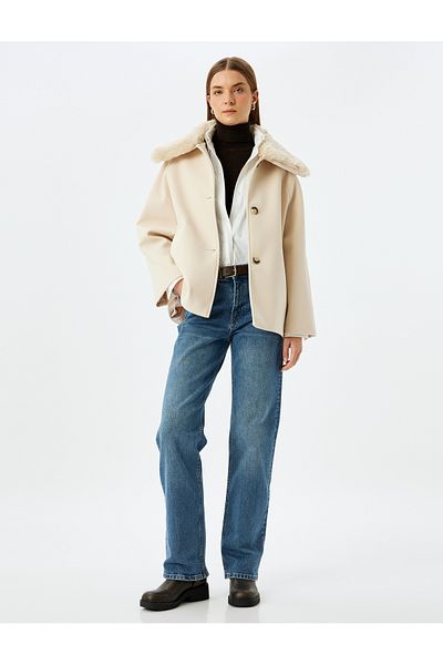 Koton Double Breasted Stamp Coat with Removable Faux Fur Collar