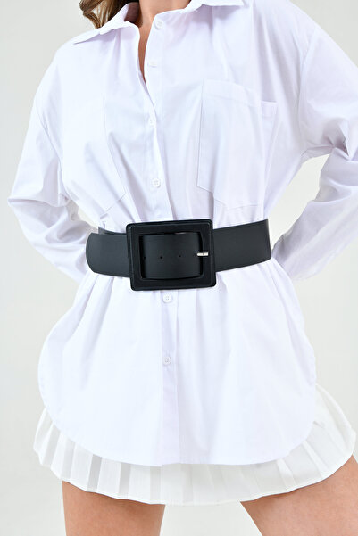 lovebox Curea de damă din piele artificială neagră - Design elegant, cu cataramă, accesoriu de îmbrăcăminte cu bandă lată 15525