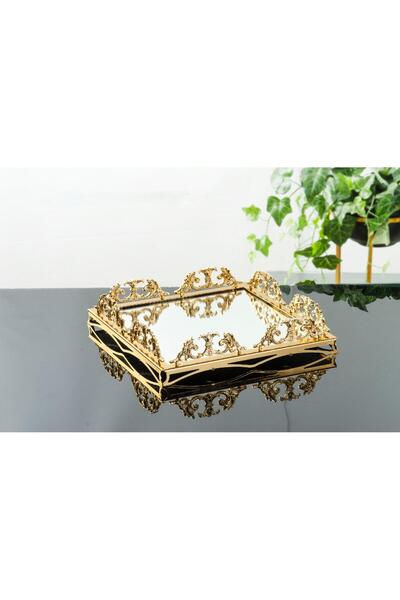 AlyaHomeAksesuar صينية كلاسيكية بمقبض ذهبي مقاس 47x47 سم