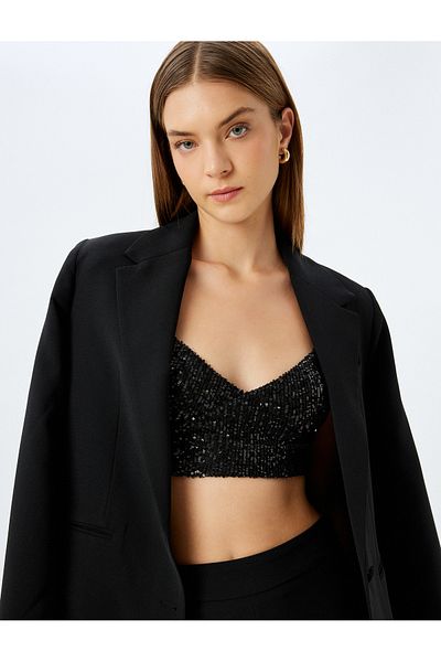 Koton Crop-Abendkleid-Bluse mit Pailletten, Pailletten, Seilträger, V-Ausschnitt, schmale Passform