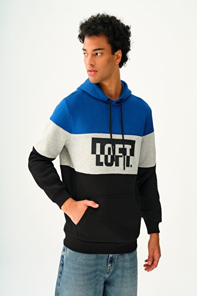Loft 2037267 Mavi Erkek Kabartma Yazılı Kapüşonlu Kanguru Cepli Sweat