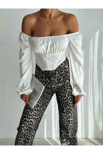 QUTTA White Madonna Collar Corset Look Piping Diver Crop Blouse - Long Sleeve