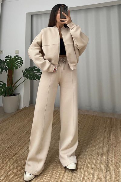 Neşeli Butik Σετ γυναικεία αθλητική φόρμα μπεζ - GTS018 με τρεις κλωστές