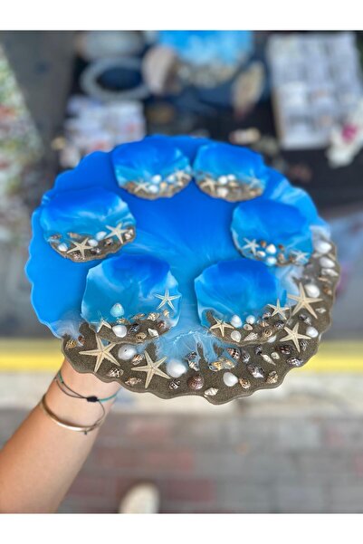 schkırt DENİZ KONSEPTLİ GERÇEK DENİZ YILDIZLI EPOKSİ SUNUMLUK VE 6 ADET KAHVE BARDAĞI ALTLIĞI HEDİYELİK