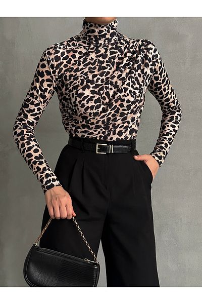 BEJNA Damenbluse mit Kordelzug und Leopardenmuster