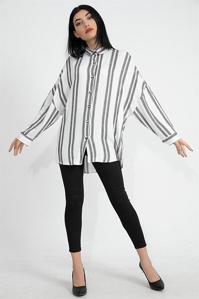 Moka Shopin Mokashopin Herringbone Fabric Low Sleeve Striped Women's Shirt - Ecru