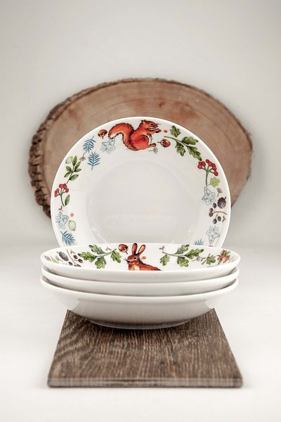 Bursa Porselen Dekor Squirrel & Rabbit Porcelain 4 Piece Dinner Plate