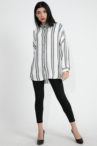 Moka Shopin Mokashopin Herringbone Fabric Low Sleeve Striped Women's Shirt - Ecru