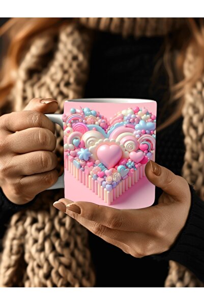 Evion Kalp Baskılı 3D Tasarım Seramik Kupa Mug - Hediyelik Kupa Bardak