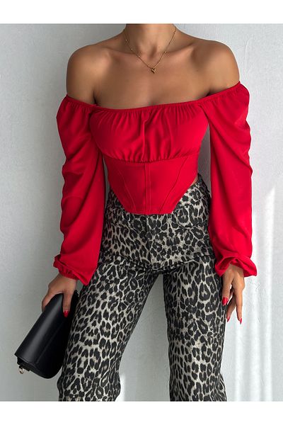 QUTTA Red Corset Look Madonna Collar Piping Diver Crop Blouse - Long Sleeve