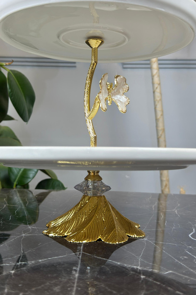 MAY HOME 2 Katlı Porselen Ayaklı Kurabiyelik Sunumluk Tabak & Sedef Kelebek Detaylı