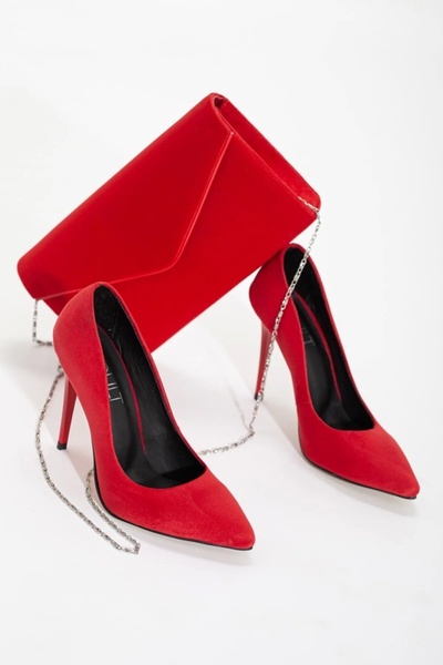 SOFT FASHION Kadın Kırmızı Süet Stiletto & Çanta Kombin Ince Yüksek Topuklu - Topuk 10 Cm