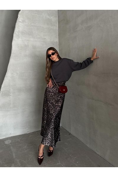 SEDA FİDAN Fusta maxi din satin cu model leopard de culoare antracit
