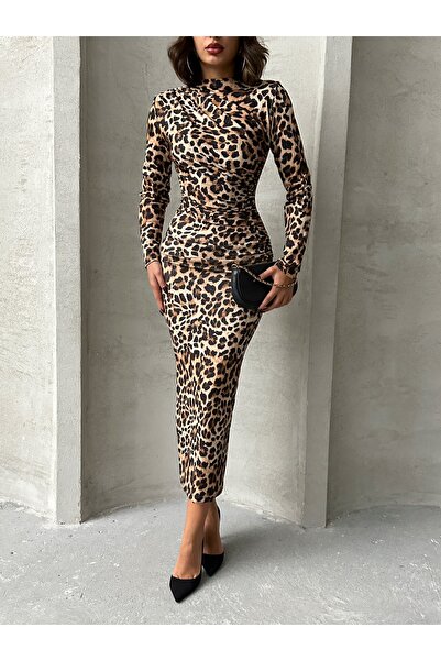 BEJNA Γυναικείο μακρύ φόρεμα με λεπτομέρεια με λεοπάρ στάμπα