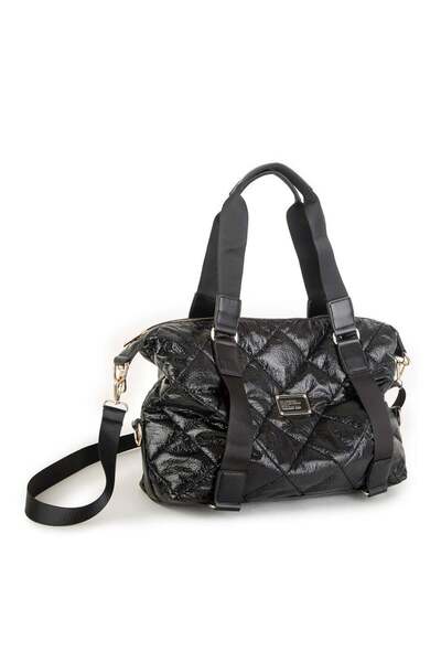 Nas Bag Geantă de umăr de dimensiuni extra mari din piele lacuită neagră (lăț...