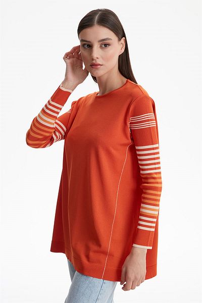 Tığ Triko Basic Rayon Knitwear Tunic Tile with Striped Sleeves