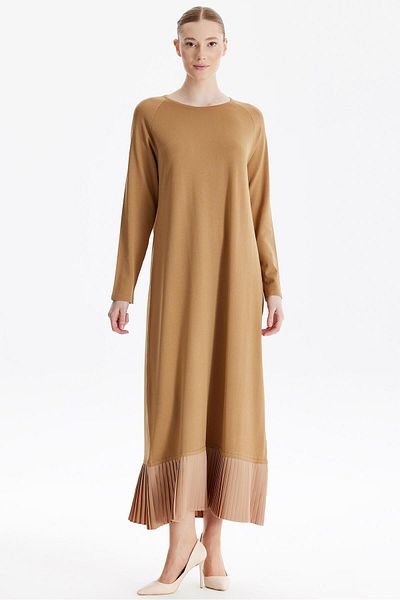 Tığ Triko Φόρεμα CAMEL Rayon Πλισέ Φούστα