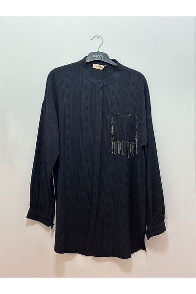 Kayra Black Judge Collar Tunic - Bead Embroidered