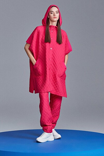 Tığ Triko Kapüşonlu Kapitone Triko Desenli Panço FUŞYA