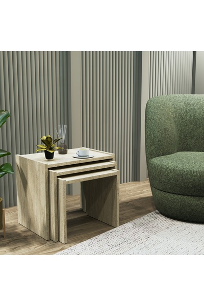 Cool Home Vera 3'lü Zigon Sehpa , Servis Sehpası Traverten