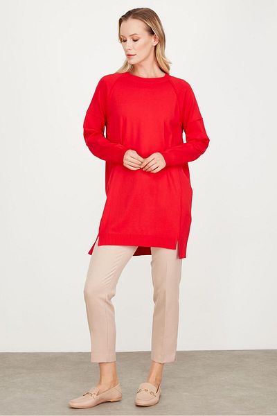 Tığ Triko Basic Knitwear Tunic Red with Reverse Stitching Detail