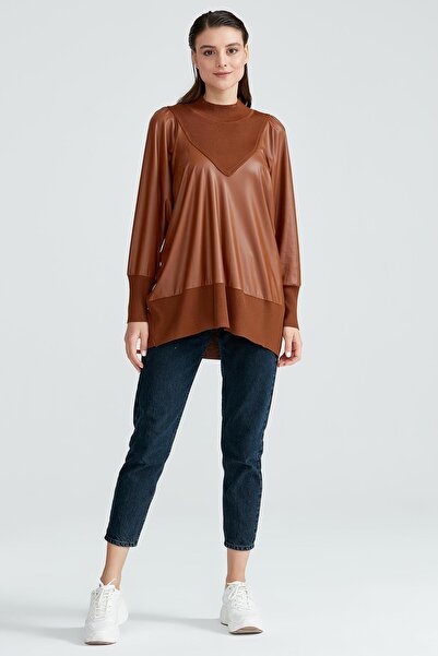 Tığ Triko DERİ KOMBİNLİ TRİKO TUNİK KAHVE