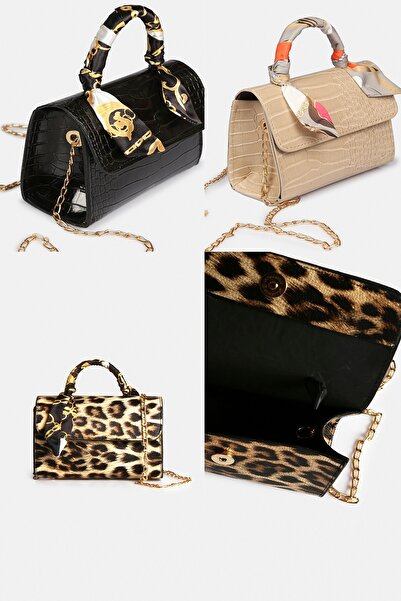 Stilgo Set de genți leopard bej-gri neagră cu detaliu de șal cu lanț pentru femei - set de 3