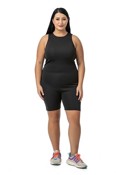 DISENTIS MODEST Black Short Tights Large Size Jumpsuit - Back Zipper