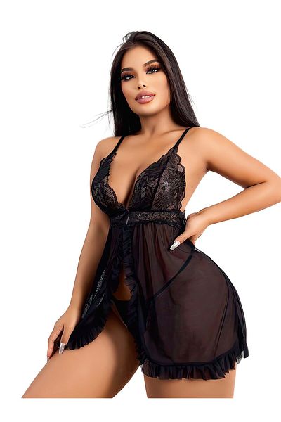 Cooqpoo Μαύρο S/M-L/XL Μέγεθος Τούλι Διαφανές Ανοιχτό Μπροστινό Στριγκάκι Babydoll