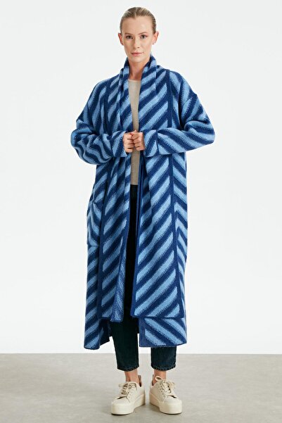 Tığ Triko VEREV ÇİZGİLİ UZUN TRİKO HIRKA MAVİ